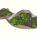 Potted Bonsai Plants with Green and Purple Succulents in Shallow Brown Containers and Small Stones