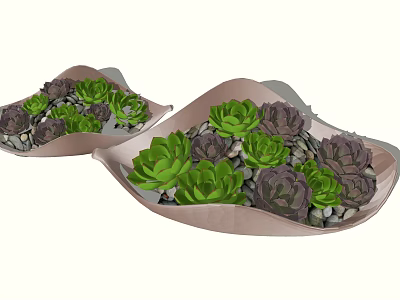 Potted Bonsai Plants with Green and Purple Succulents in Shallow Brown Containers and Small Stones 3d model