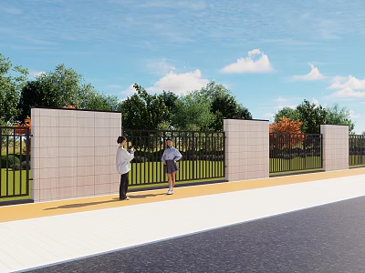 Landscape Wall With Black Fence Green Trees Grass And Pedestrians Under Blue Sky 3d model