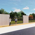 Landscape Wall With Black Fence Green Trees Grass And Pedestrians Under Blue Sky