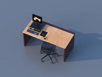 Wooden Office Desk With Laptop Keyboard Mouse And Black Office Chair 3d model