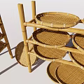 Bamboo Display Shelves with Multiple Tiers and Round Woven Bamboo Trays