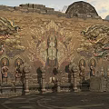 Traditional Scenic Wall With Intricate Dragon Carvings And Central Buddha Statue