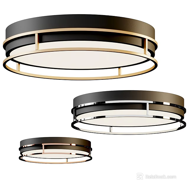 Modern Circular Ceiling Lights With Black And Gold Frames And White Shades 3d model