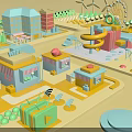 Cartoon Style Town Scene Featuring Playground Rides Colorful Buildings And Wi Fi Sign