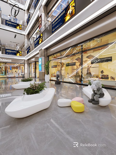 Modern Shopping Mall Lobby Interior With Glass Storefronts White Seating Green Plants And Displays 3d model 