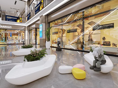 Modern Shopping Mall Lobby Interior With Glass Storefronts White Seating Green Plants And Displays 3d model