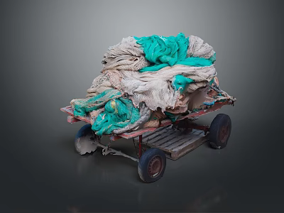 Old Wooden Cart Loaded With White And Teal Worn Fabrics On Dark Background 3d model