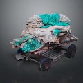 Old Wooden Cart Loaded With White And Teal Worn Fabrics On Dark Background