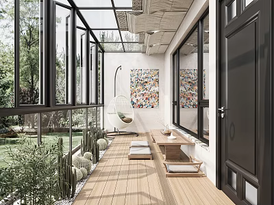 Modern Villa Balcony With Glass Walls Wooden Deck Hanging Chair And Green Plants 3d model