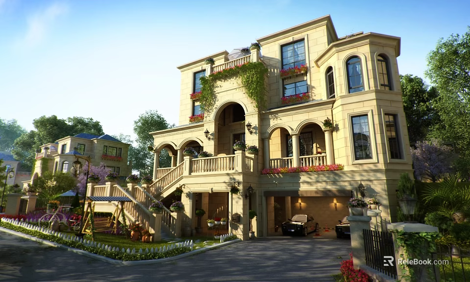 Elegant Detached Villa with Beige Exterior Arched Windows Balconies Green Plants Red Flowers and Garage 3d model 