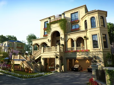 Elegant Detached Villa with Beige Exterior Arched Windows Balconies Green Plants Red Flowers and Garage 3d model