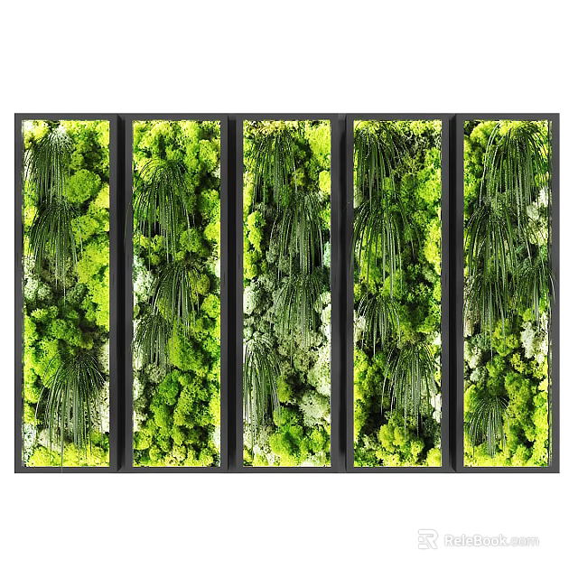Lush Living Plant Wall With Five Panel Design For Modern Interior Decor 3d model 