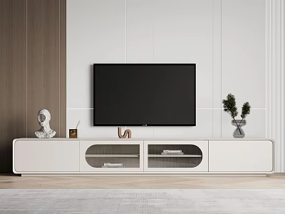 White Modern TV Stand with Black TV Decorative Figurine and Green Plants in Living Room 3d model