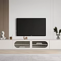 White Modern TV Stand with Black TV Decorative Figurine and Green Plants in Living Room