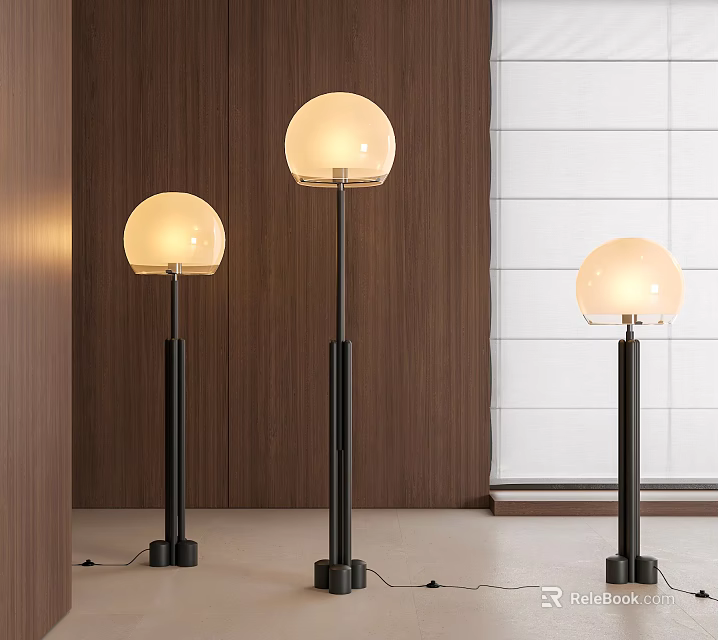 Modern Floor Lamps With Round Globe Shades And Black Metal Stands Wooden Wall White Curtain 3d model 
