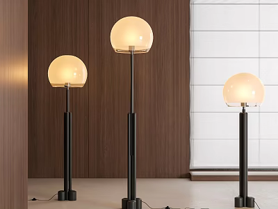 Modern Floor Lamps With Round Globe Shades And Black Metal Stands Wooden Wall White Curtain 3d model