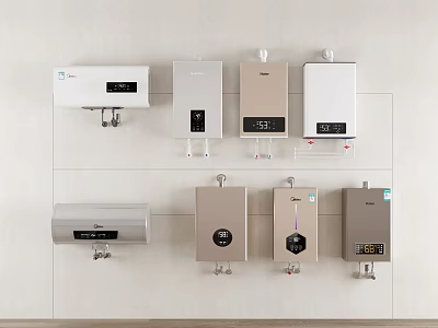 Variety Of Water Heaters Displayed On Wall 3d model