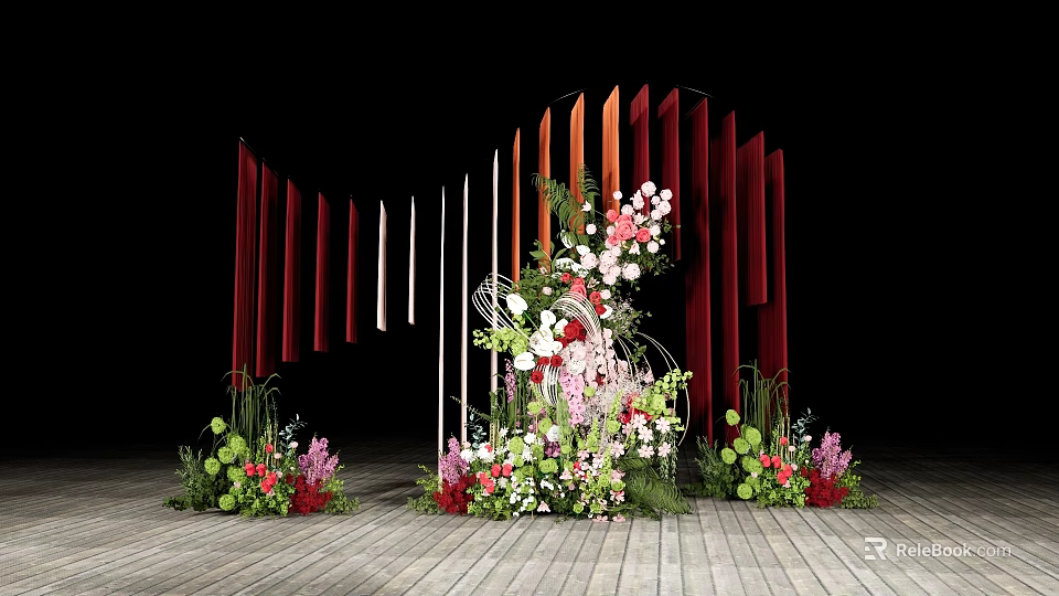 Wedding Decoration Setup With Vertical Red Orange Panels And Floral Arrangement On Wooden Floor 3d model 