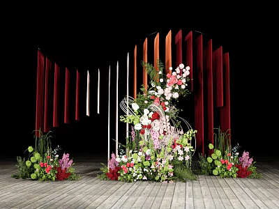 Wedding Decoration Setup With Vertical Red Orange Panels And Floral Arrangement On Wooden Floor 3d model