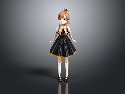Anime Character Girl in Black Dress with Yellow Accents Crown Pigtails and White Stockings 3d model