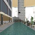 Modern Swimming Pool With Sun Loungers And Green Plants In Outdoor Modern Building Setting