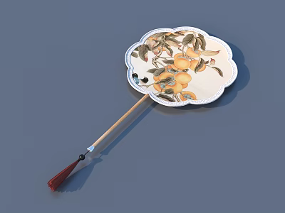 Traditional Round Fan With Floral Pattern Wooden Handle And Tassel Daily Life Essential 3d model