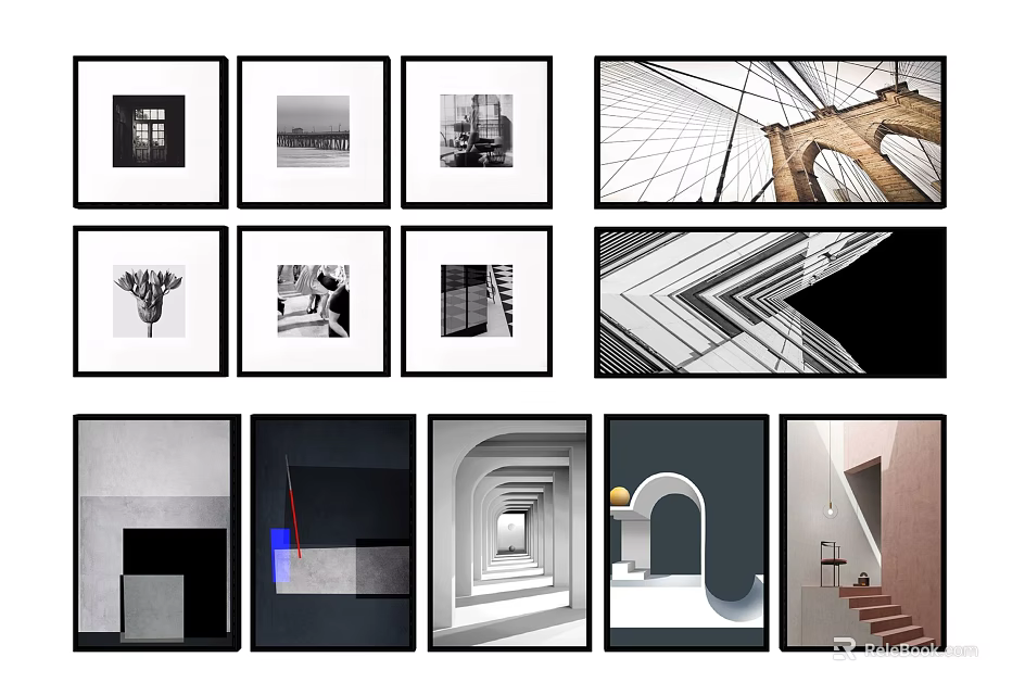 Modern Architectural Art Prints With Geometric Shapes And Black White Frames 3d model 