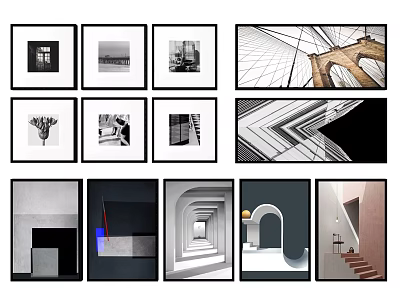 Modern Architectural Art Prints With Geometric Shapes And Black White Frames 3d model