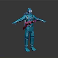 Blue Humanoid Figure In Protective Suit With Backpack Weapon 3D Model Design