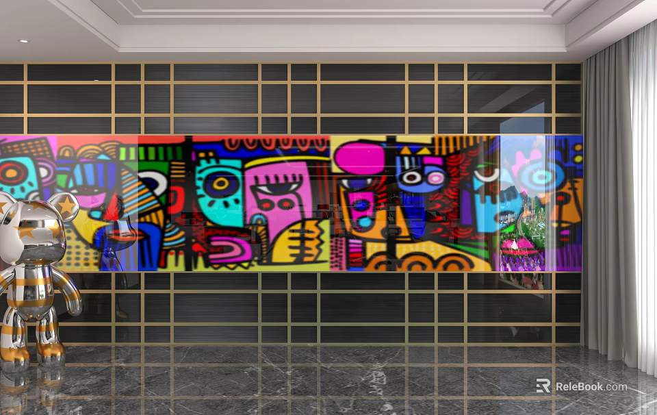 Modern Luxury Background Wall with Colorful Abstract Patterns Glass Material and Gold Grid Frame 3d model