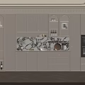 Elegant Modern Beige Sideboard With Marble Countertop Strip Lighting Open Shelves Drawers And Oven