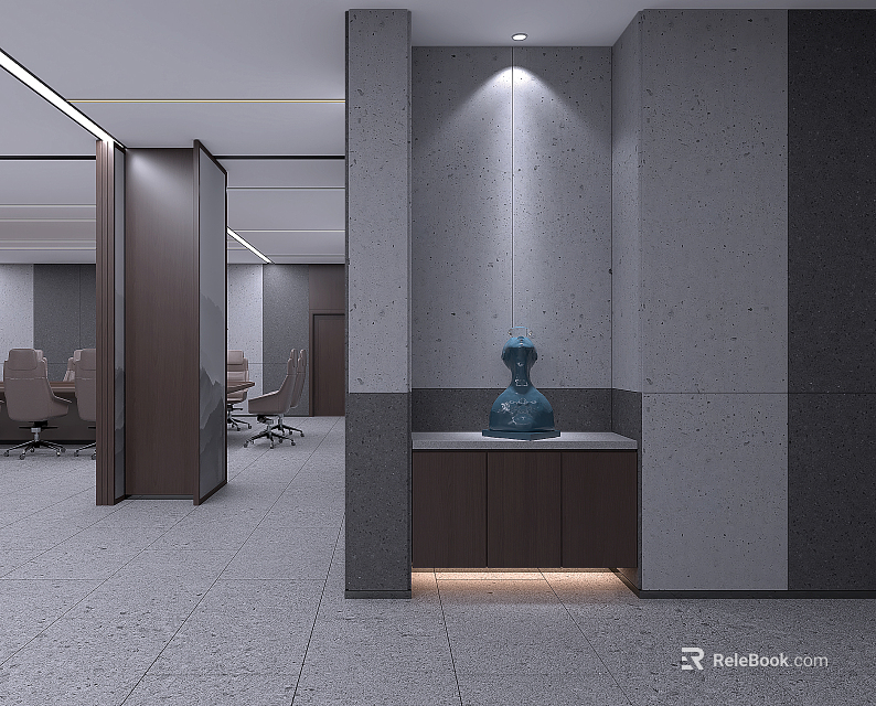 Modern Conference Room Interior Design With Ergonomic Chairs Wooden Table And Recessed Lighting 3d model 