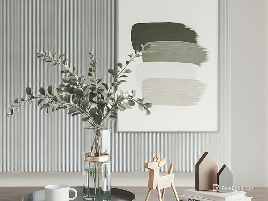 Decorative Ornament Set With Vase Green Foliage Abstract Art Wooden Deer House Figurines And Books 3d model 