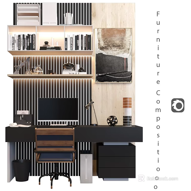 Modern Study Room Desk And Chair Set With Bookshelf Computer And Decorative Painting 3d model 