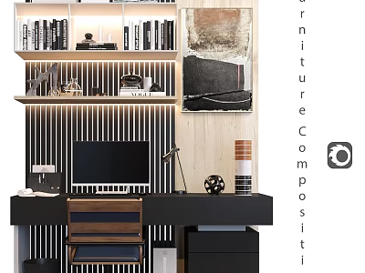 Modern Study Room Desk And Chair Set With Bookshelf Computer And Decorative Painting 3d model