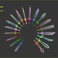 Weapons in Circular Arrangement with Various Knives Swords and Colorful Handles on Gray Background