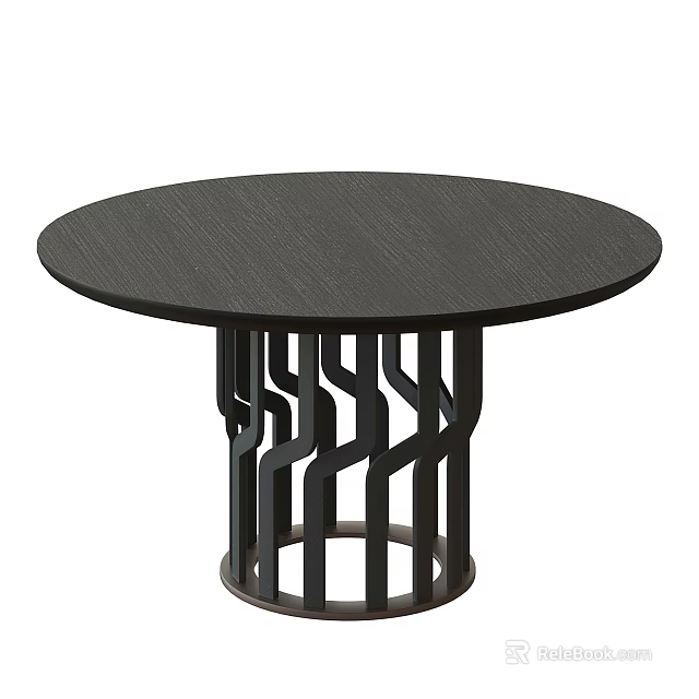 Round Black Modern Dining Table With Geometric Patterned Metal Base 3d model 