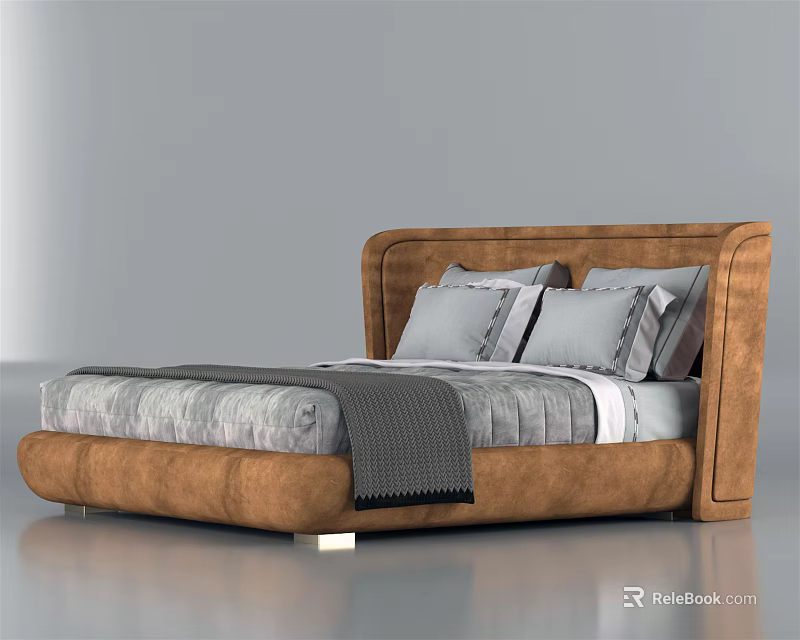 Stylish Modern Double Bed With Brown Leather Headboard And Gray Bedding 3d model