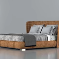 Stylish Modern Double Bed With Brown Leather Headboard And Gray Bedding 3d model