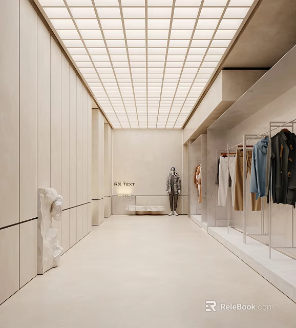 Modern Clothing Store Interior With Minimalist Design And Hanging Apparel Racks 3d model 