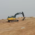 DEERE Yellow Excavator Working On Construction Site With Dirt Ground And Soil Pile