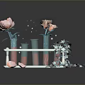 Pink Flowers in Blue Test Tubes on White Rack with Petals and Leaves Arrangement