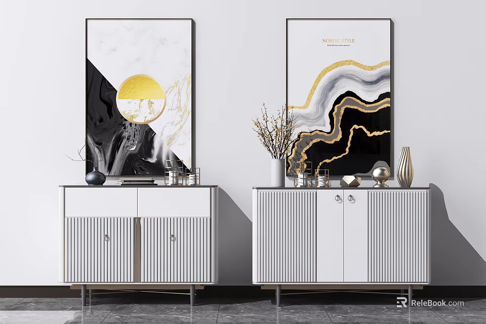 Modern White Console Cabinets with Silver Metal Legs and Decorative Wall Art 3d model 