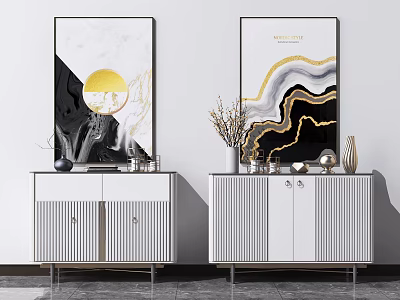 Modern White Console Cabinets with Silver Metal Legs and Decorative Wall Art 3d model