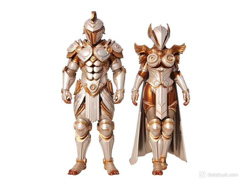Two Armor Models in Golden and Silver Ornate Armor with Decorative Plates and Cloak 3d model 