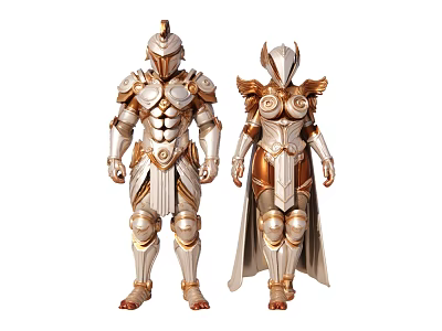 Two Armor Models in Golden and Silver Ornate Armor with Decorative Plates and Cloak 3d model
