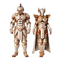 Two Armor Models in Golden and Silver Ornate Armor with Decorative Plates and Cloak