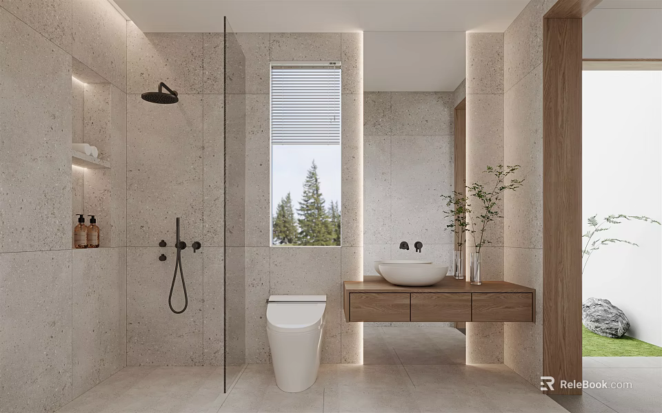 Modern Bathroom Interior With Shower Toilet Vanity Window And Natural Light Plants Stone Walls 3d model 