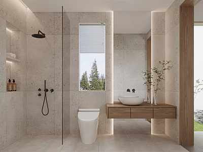 Modern Bathroom Interior With Shower Toilet Vanity Window And Natural Light Plants Stone Walls 3d model